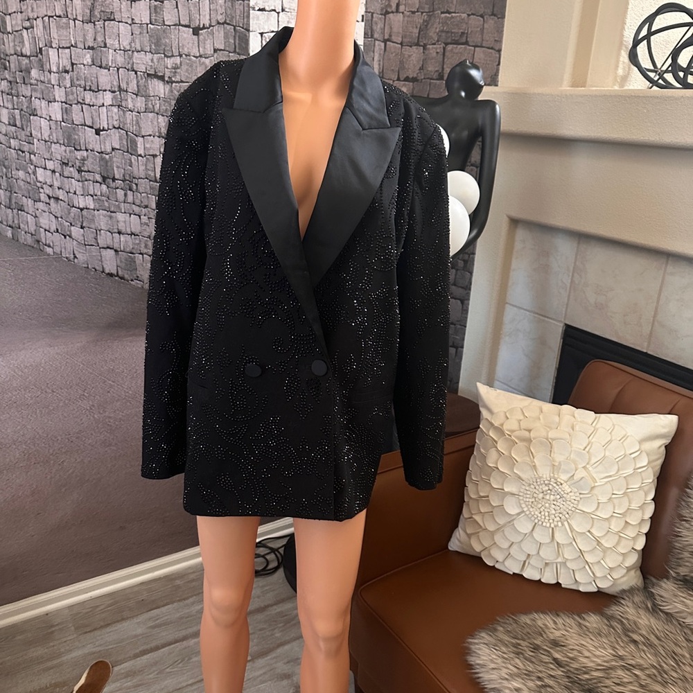 Black Embellished Lapel Double-Breasted Women's Blazer